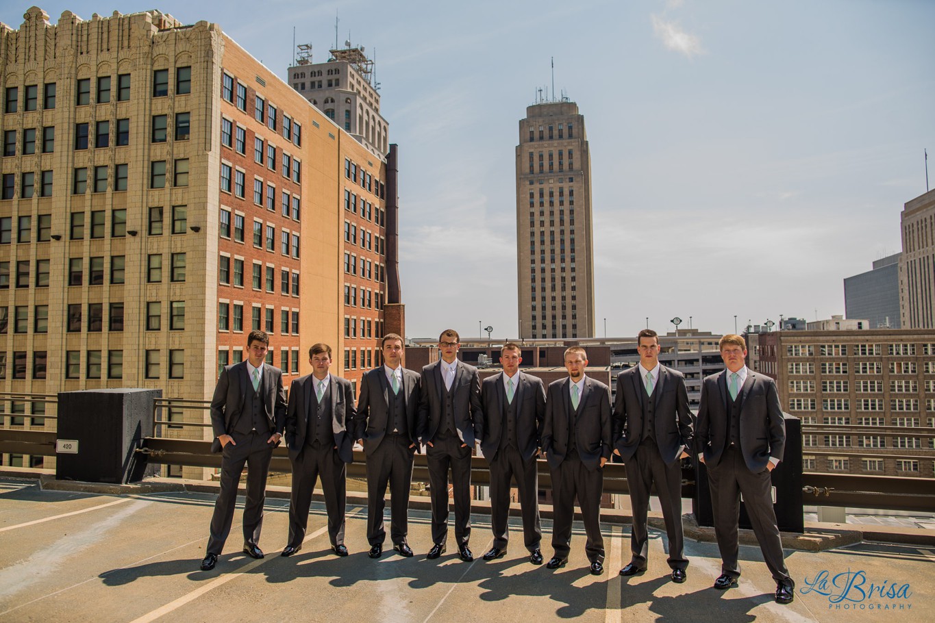 Groomsmen Portraits Rooftop Gray Tuxedos Kansas City Skyline