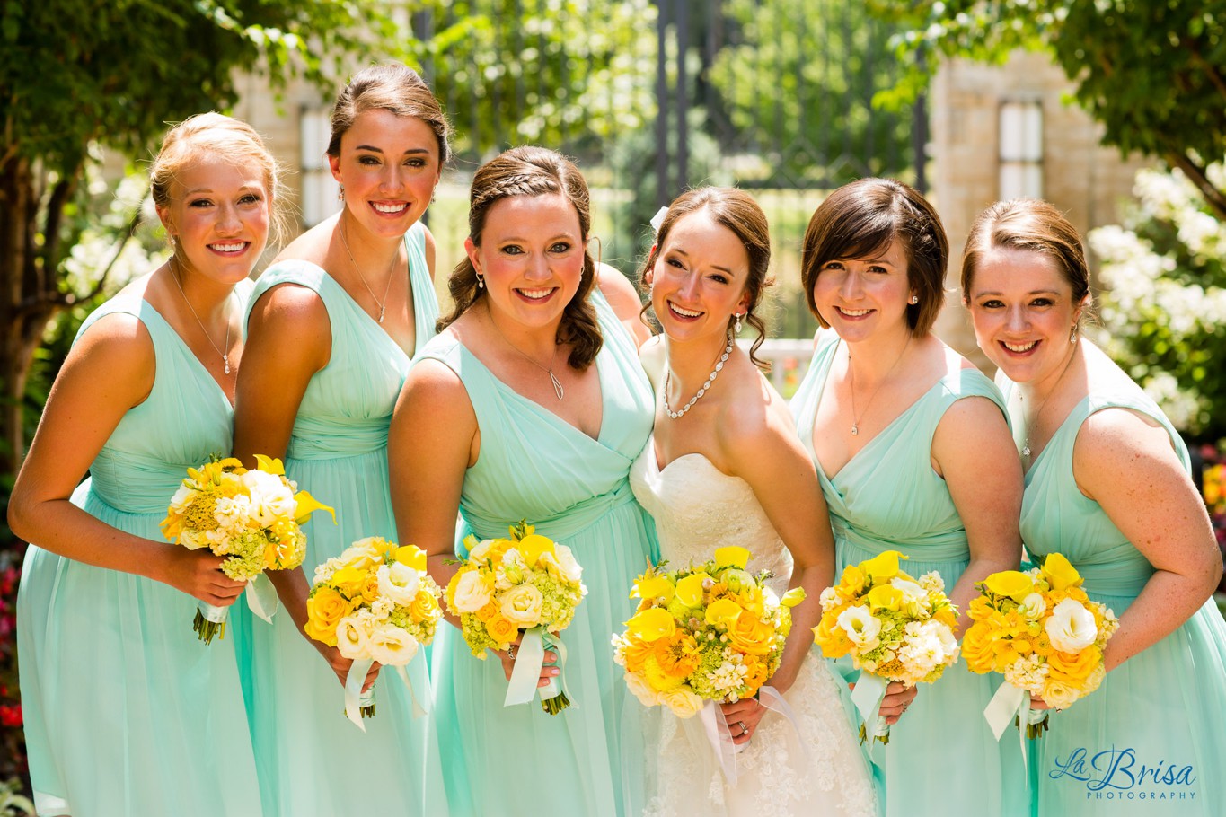 Bridesmaids Portraits Teal Dress Yellow Flowers Outdoors Kansas City Gardens