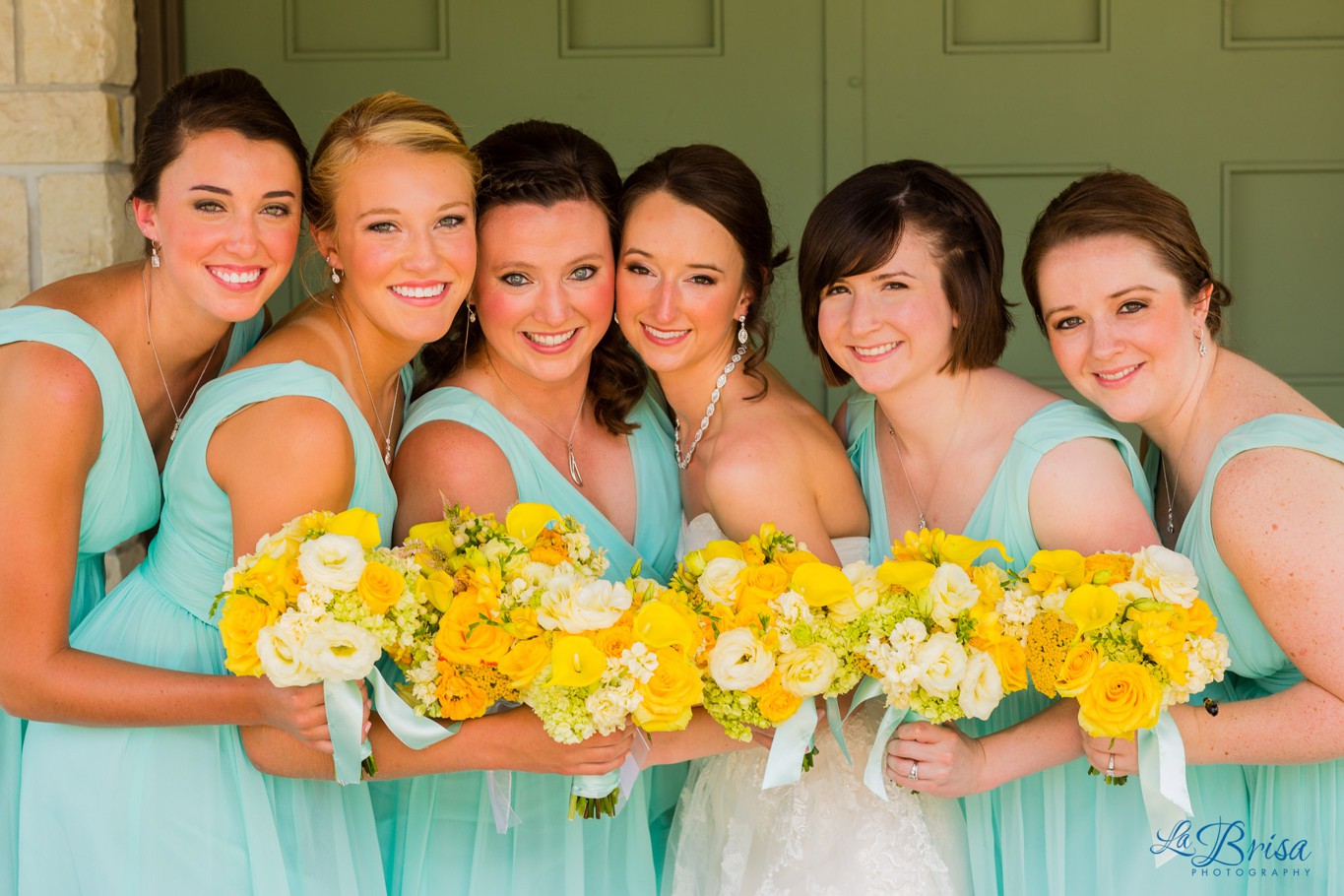 Bridesmaids Portraits Teal Dress Yellow Flowers Outdoors Kansas City Gardens