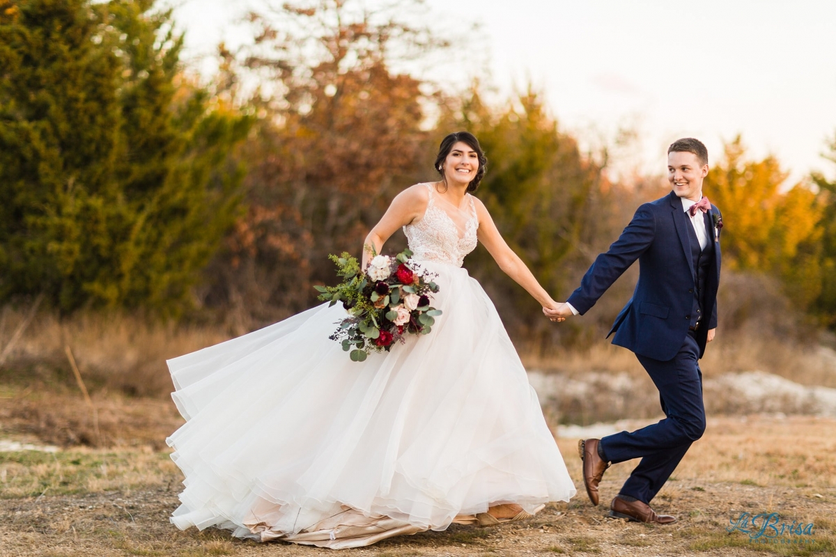 Bride Groom Running Through Field