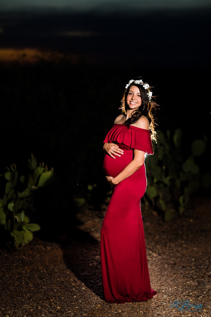 marana maternity sunset flower crown red flowy dress