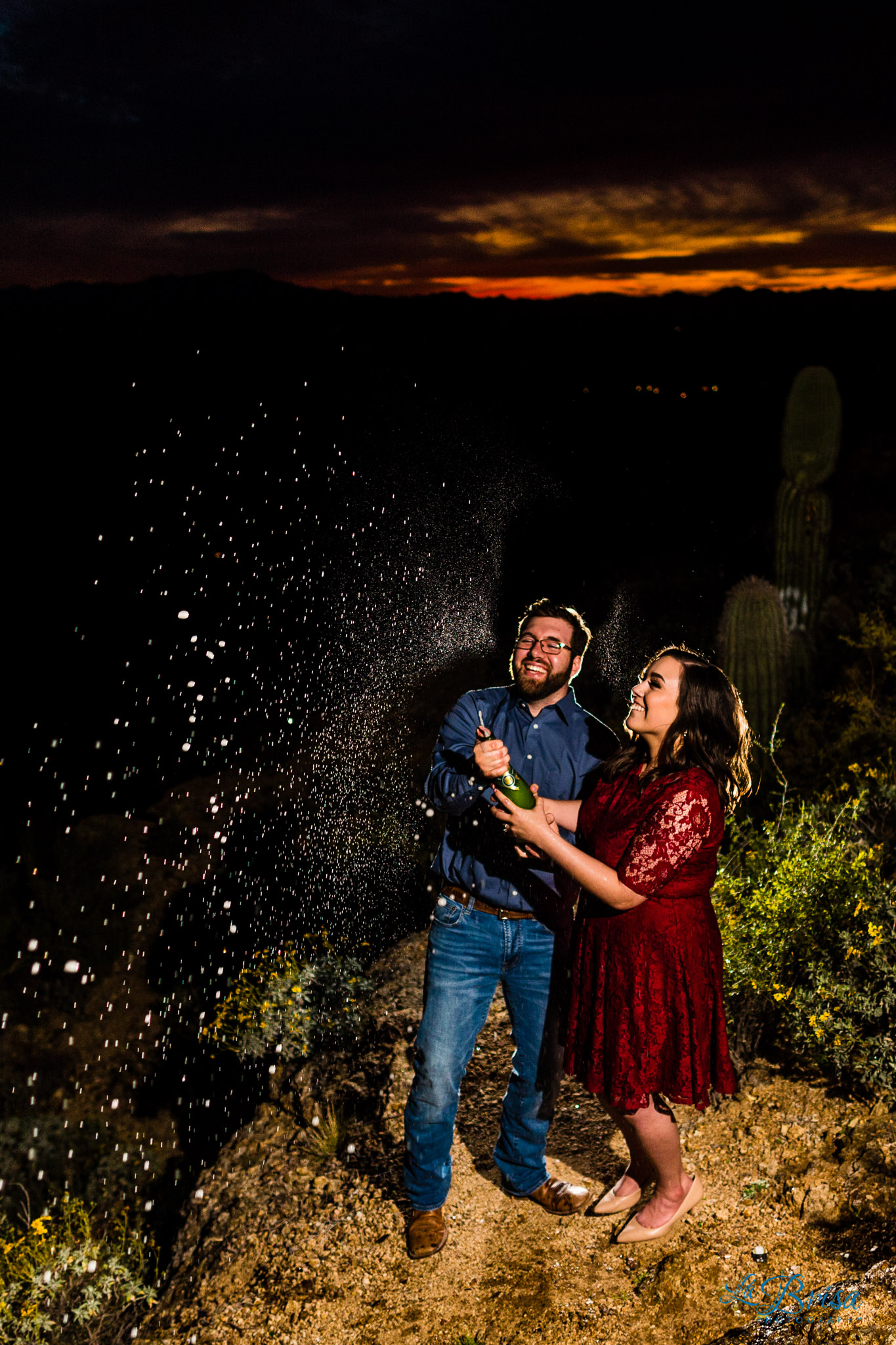 Gates Pass champagne spray Tucson engagement